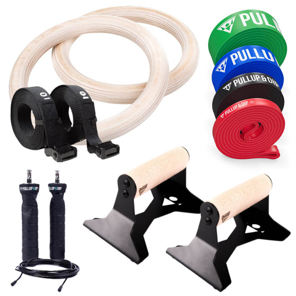 Calisthenics Starter Set: Gym Rings, Push-Up Bars, Resistance Bands Set of 4, Jump Rope