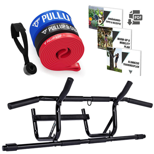 Pull-up Beginner Set: Doorway Pull-up Bar, Pull-up Bands Set of 3 & Guide Bundle in English