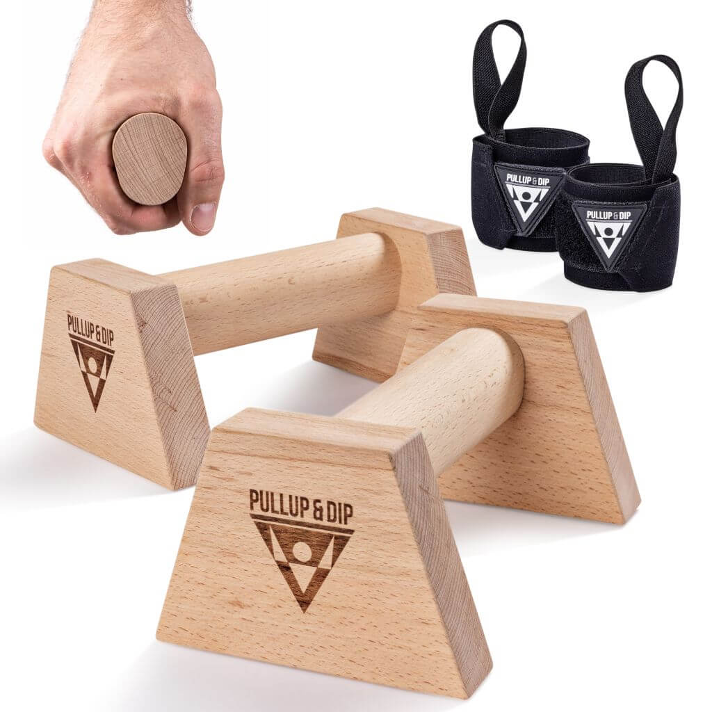 Wooden push-up grips with ergonomic handle incl. wrist wraps