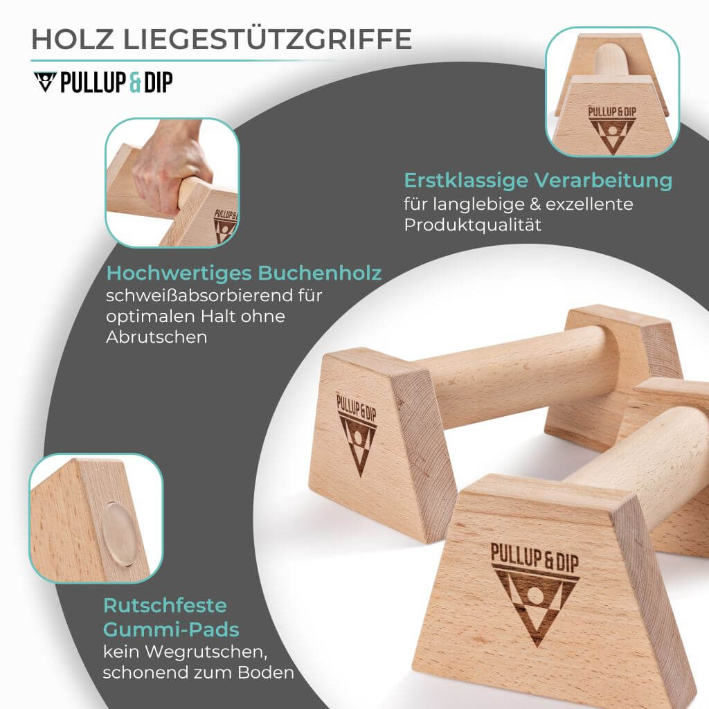 Wooden push-up grips with ergonomic handle incl. wrist wraps